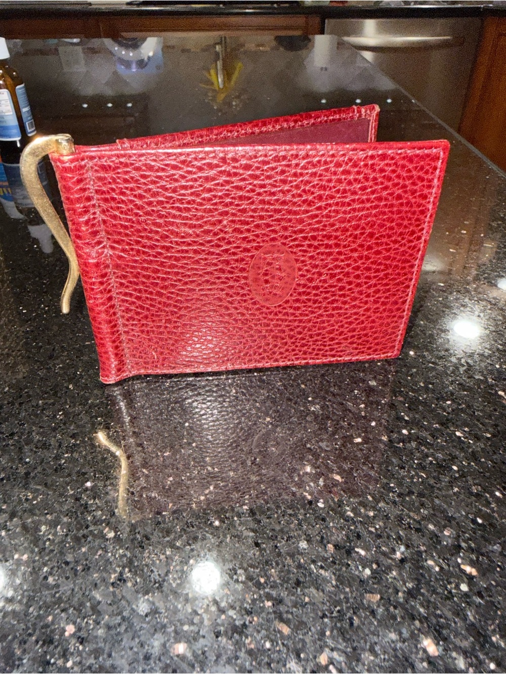 Cartier Red Pebble-Grain Leather Money Clip Wallet with Gold-Tone Clip